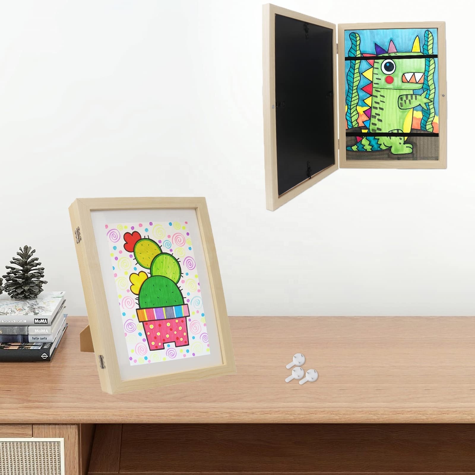 Kids Art Frame, Wooden Front Opening Changeable Children Artwork Display Storage Frames Wall A4 Drawing Frames Home Decor