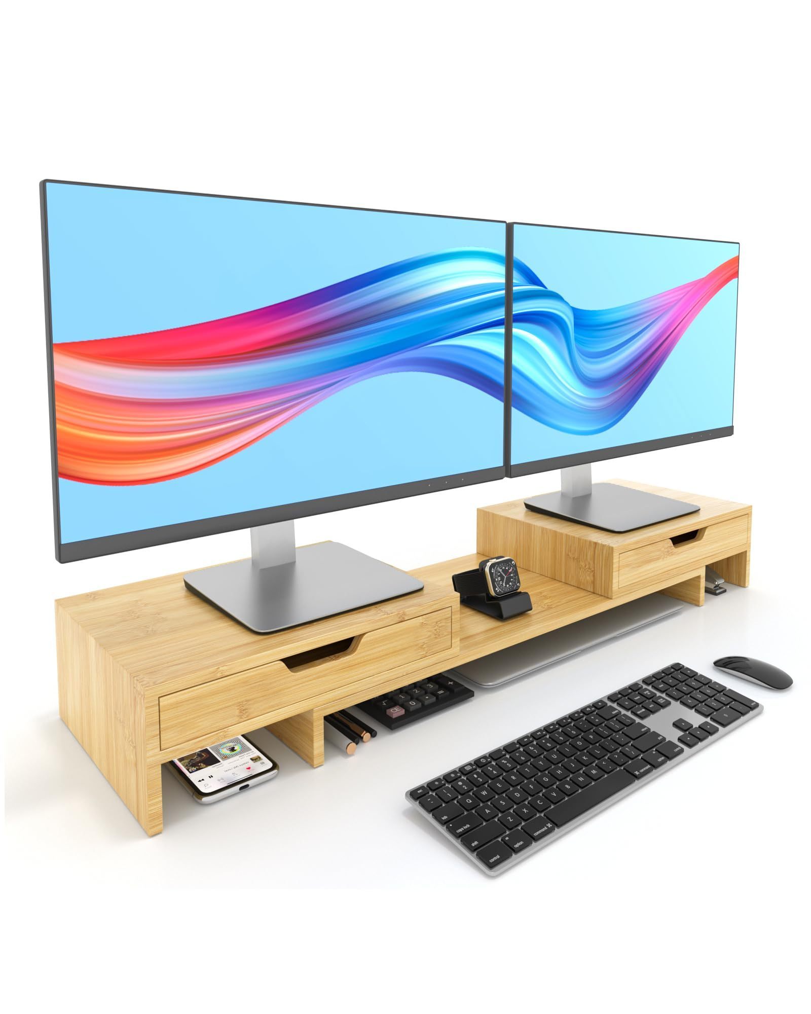 2 Tier Bamboo Dual Monitor Stand Riser Monitor Stand with 2 Drawers for Desk Table Organizer Computer Office Desktop Organizer