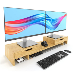 2 Tier Bamboo Dual Monitor Stand Riser Monitor Stand with 2 Drawers for Desk Table Organizer Computer Office Desktop Organizer