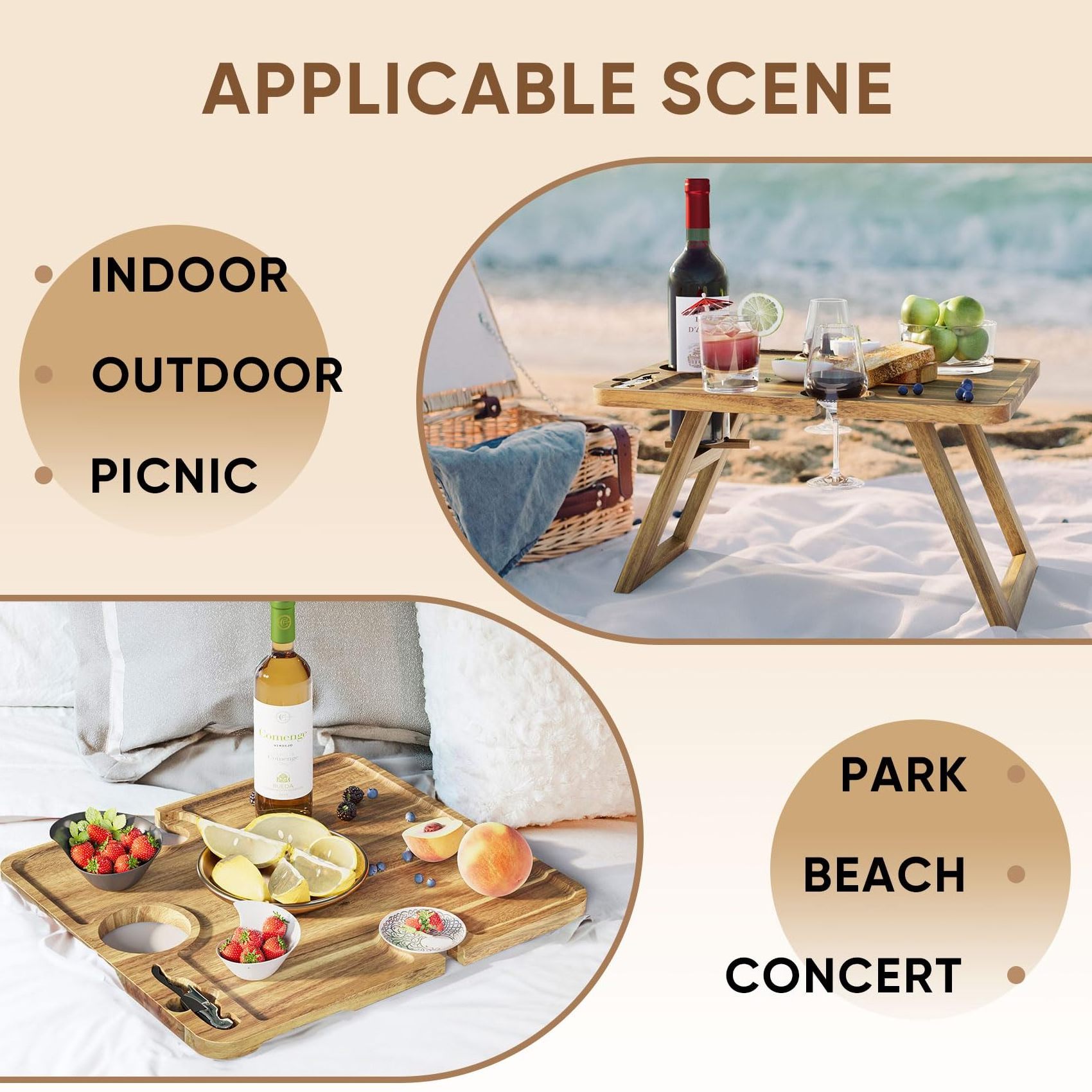 Acacia Wood Foldable Portable Beach Table  Bamboo Wine Picnic Table Outdoor Snack Cheese Tray Desk with Glass Holders