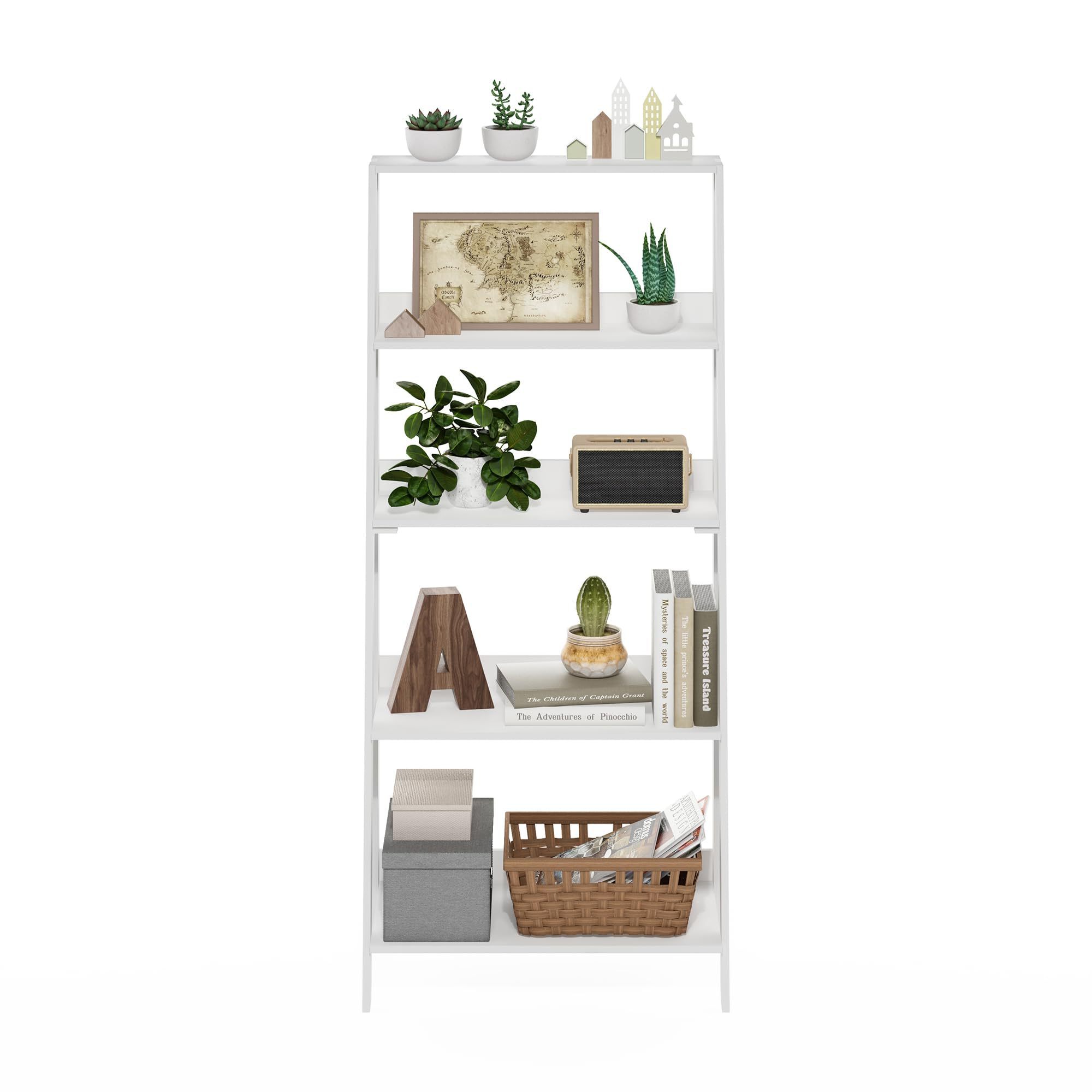 White Wooden Ladder Bookcase Display Shelf 5 Tiers Easy to Install Tree Bookcase Small Space Bookcase Durable Ladder Bookshelf