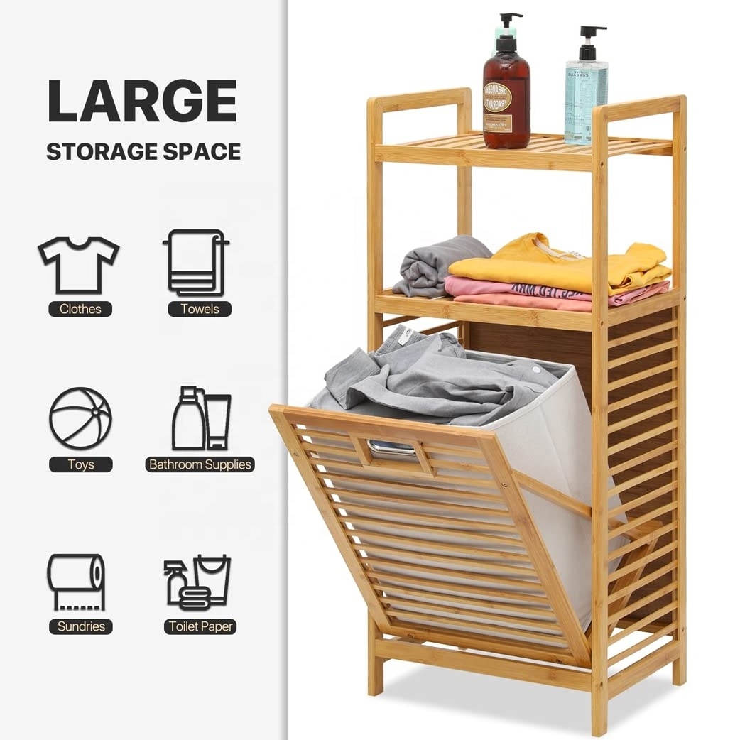 bamboo Side Table Storage Organizer laundry Basket Shelf Bookshelf Wood Adjustable Cabinet Foldable Laundry Linen Hamper Shelves