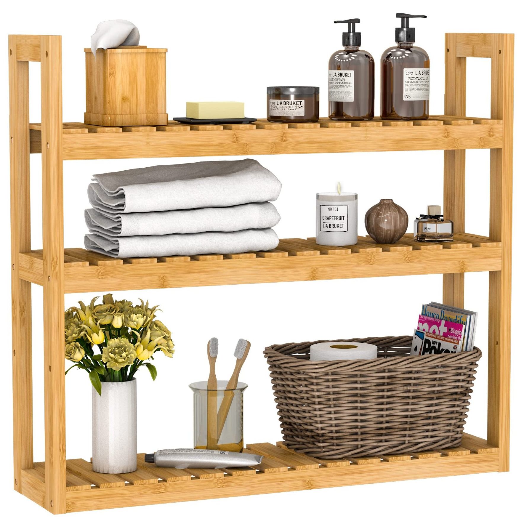 Bamboo 3 Tier Storage Shelf with Adjustable Wall Hanging Mounted Shelf Rack Bathroom Kitchen Wood Shelf Organizer