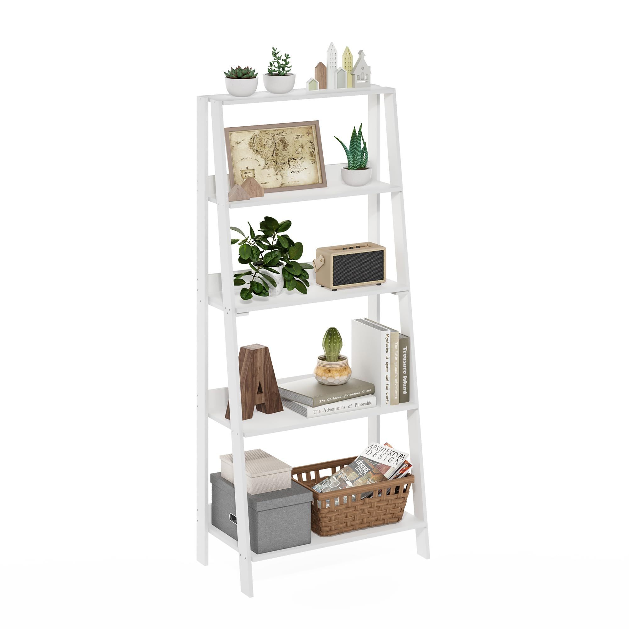 White Wooden Ladder Bookcase Display Shelf 5 Tiers Easy to Install Tree Bookcase Small Space Bookcase Durable Ladder Bookshelf