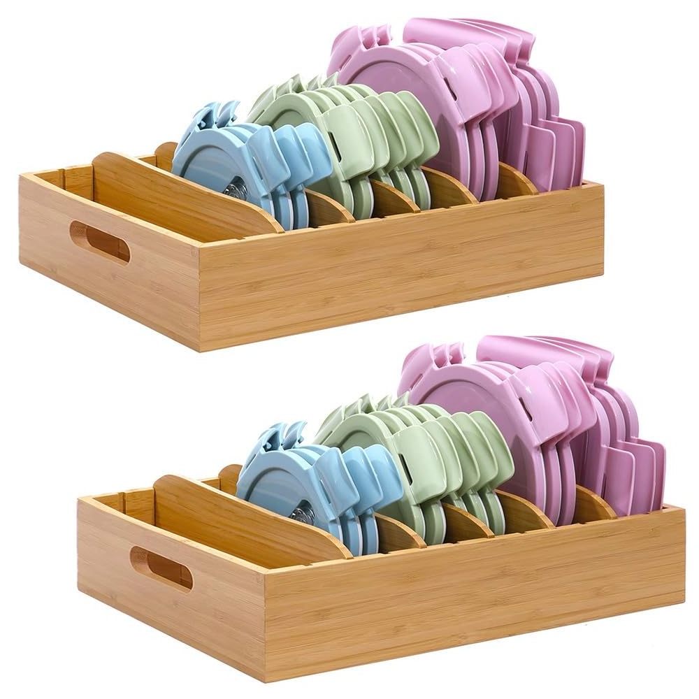 Bamboo Lid Organizer Pantry Lid Holder Box Adjustable Dividers Plastic Lids Food Storage Container Organizer for Drawer