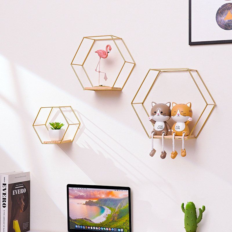 FYTCH Gold Metal Wire and Wood Wall Mounted Storage Shelf Home Decorations Art Hexagon Floating Shelves Wall Decor