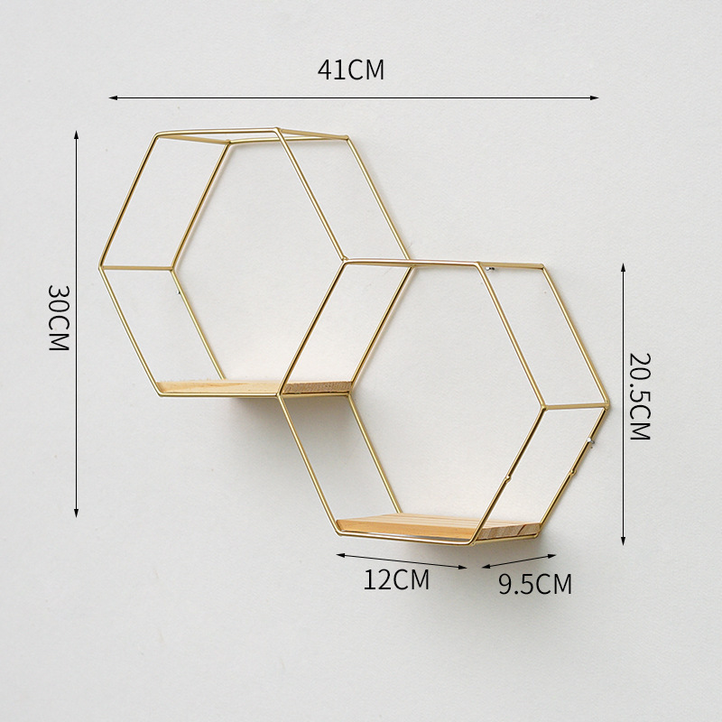 FYTCH Gold Metal Wire and Wood Wall Mounted Storage Shelf Home Decorations Art Hexagon Floating Shelves Wall Decor