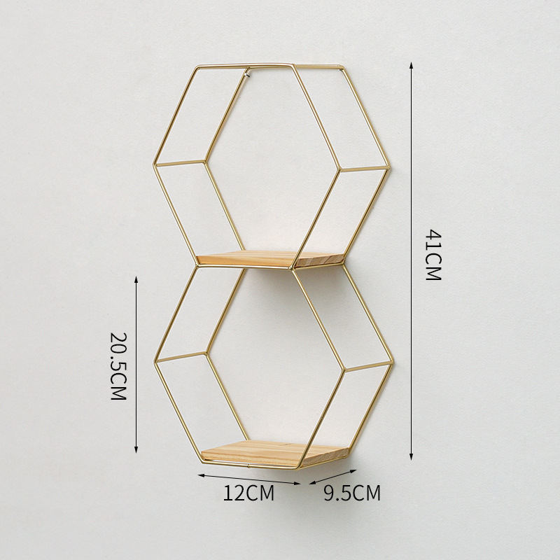 FYTCH Gold Metal Wire and Wood Wall Mounted Storage Shelf Home Decorations Art Hexagon Floating Shelves Wall Decor