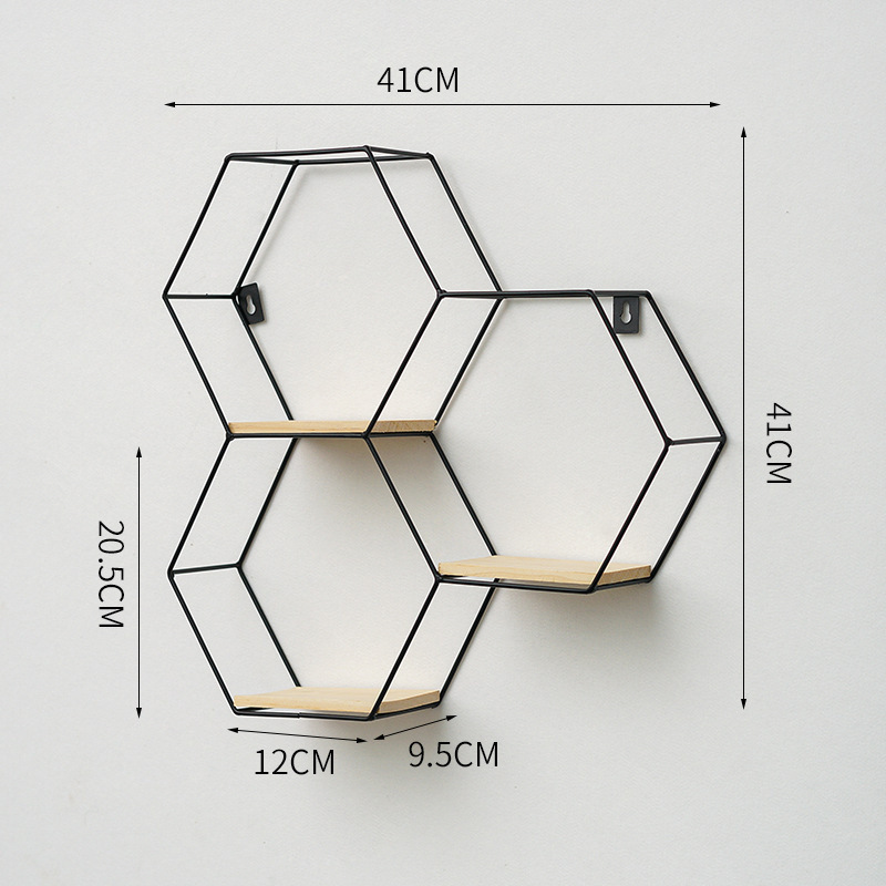 FYTCH Gold Metal Wire and Wood Wall Mounted Storage Shelf Home Decorations Art Hexagon Floating Shelves Wall Decor