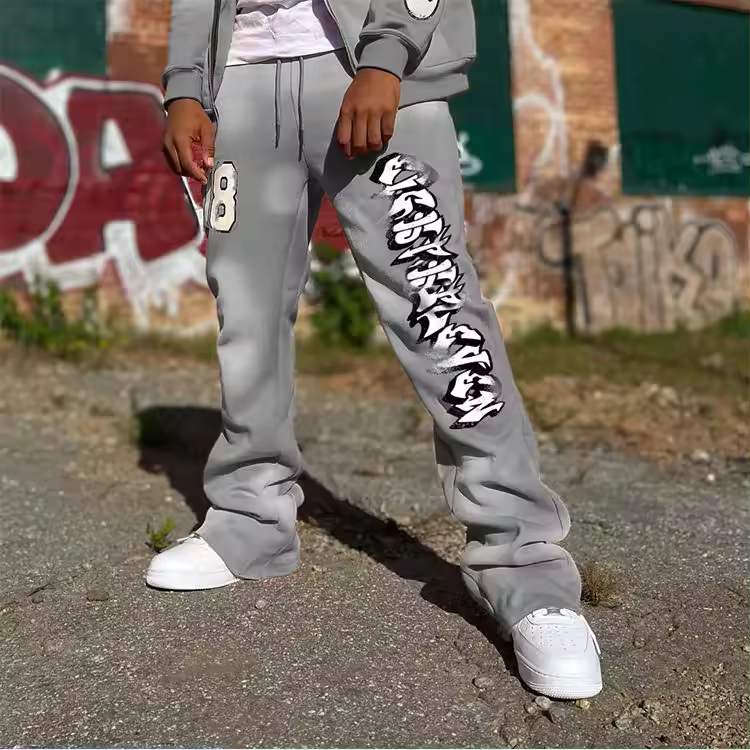 Manufactured clothing men custom puff print sweatpants stacked joggers flared pants men