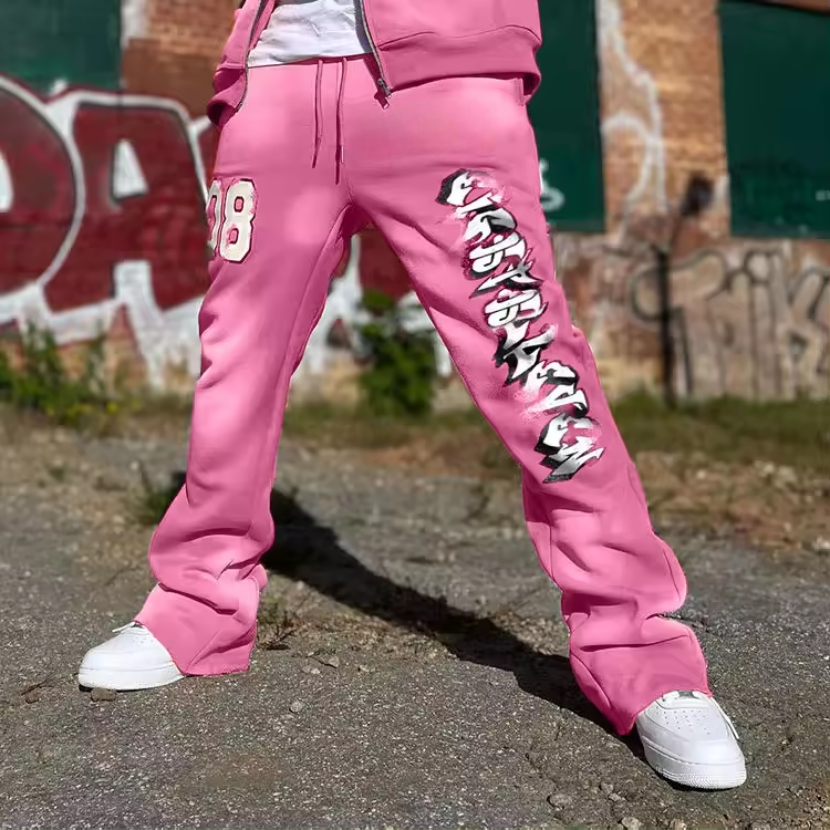 Manufactured clothing men custom puff print sweatpants stacked joggers flared pants men