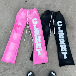 Custom Logo Bulk Applique Graphic Embroidered Patches Stacked Flare Sweat pants Acid Wash Mens Jogger Flared Cargo Pants