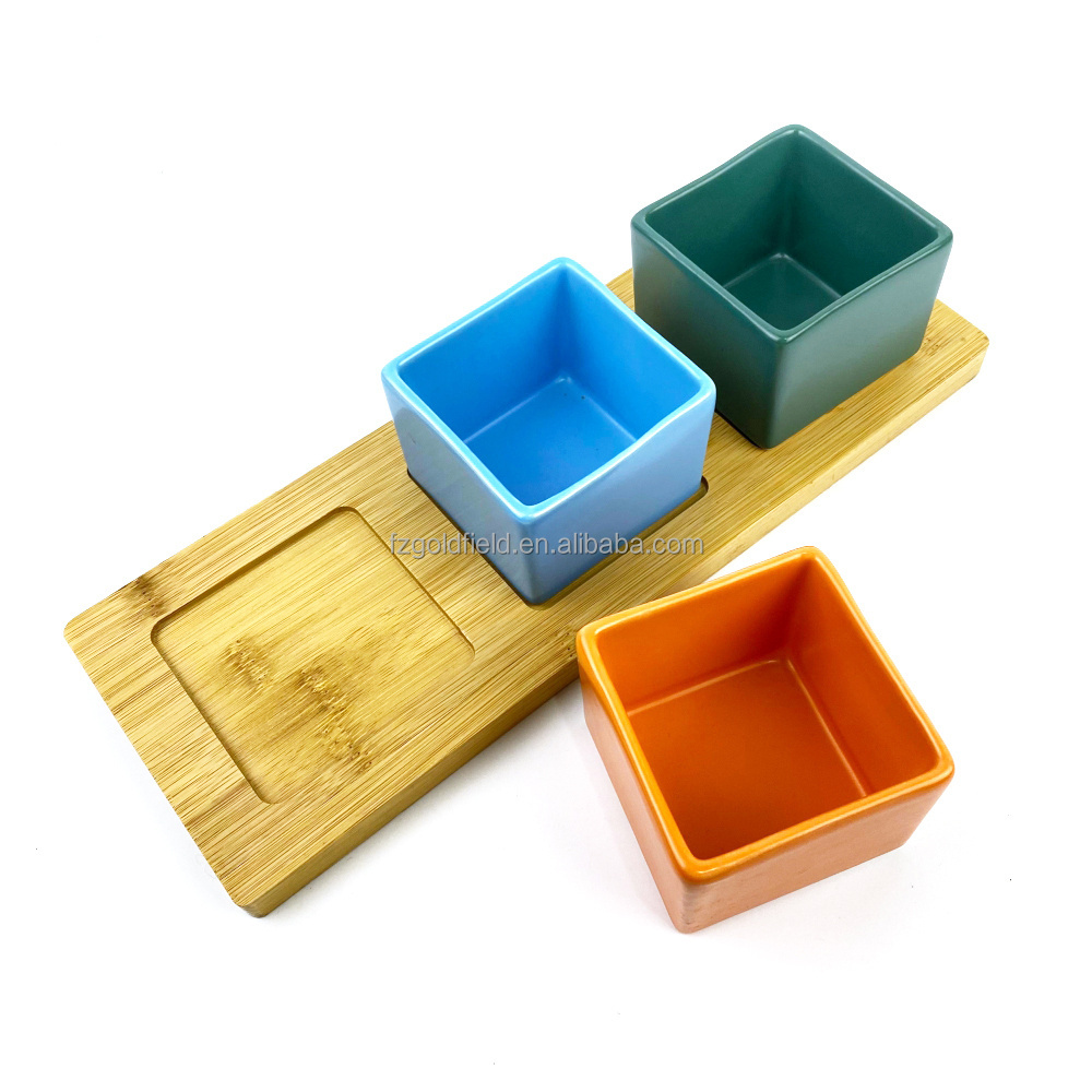 Porcelain Appetizer Serving Dishes With Bamboo Tray Snack Dish Set