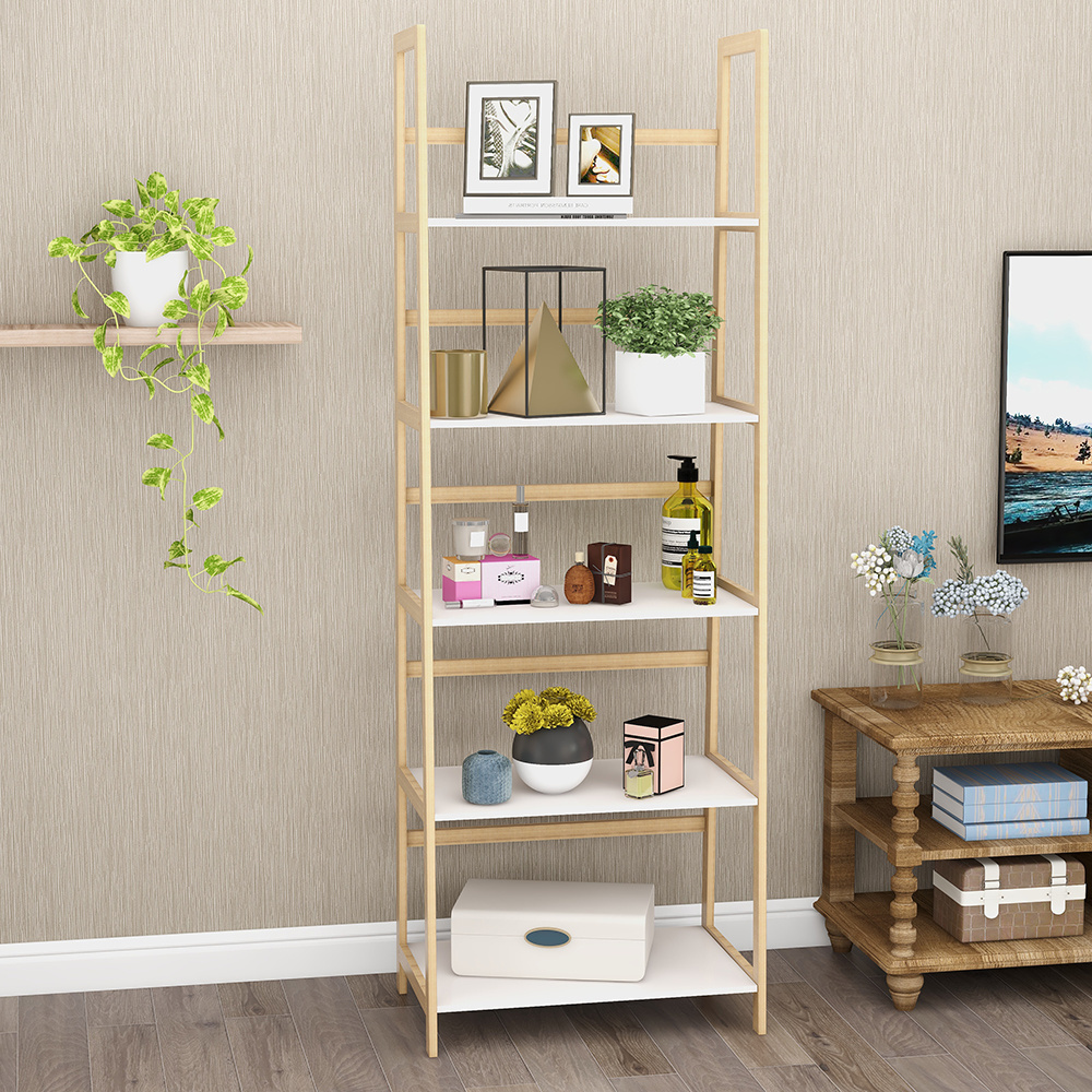 Bsci Custom 5 Tiers Adjustable Tall Bookcase Book Shelf Rack Organizer Shelving Unit Free Standing Storage Bamboo Bookshelf