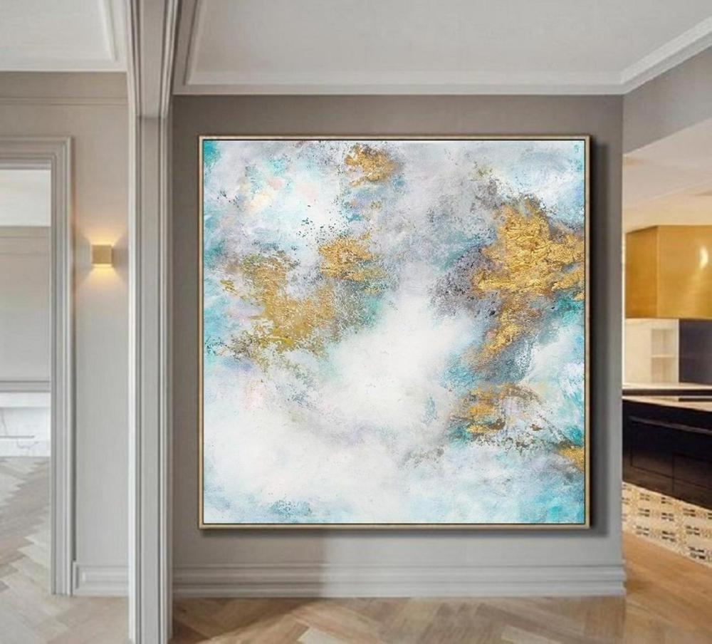 Fast Delivery Large White & Blue Cloud Abstract Gold Art Oil Painting On Canvas for Wall Decoration