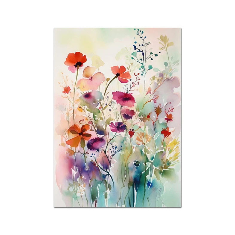 Modern Design Spring Wildflowers Watercolour Abstract Floral Bouquet Canvas Print Wall Art Picture for Office Decor