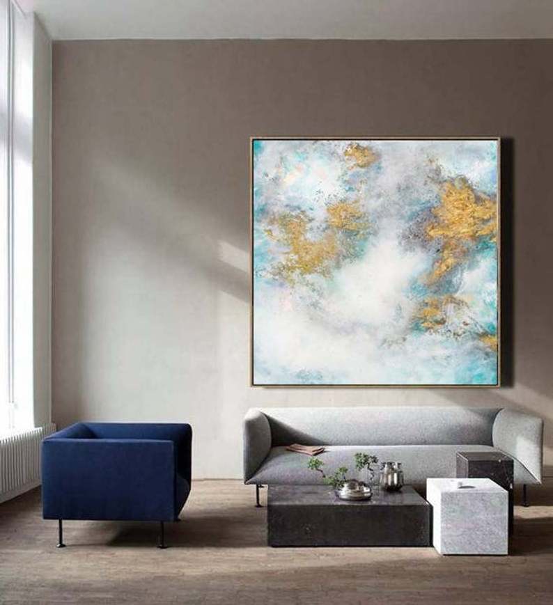 Fast Delivery Large White & Blue Cloud Abstract Gold Art Oil Painting On Canvas for Wall Decoration