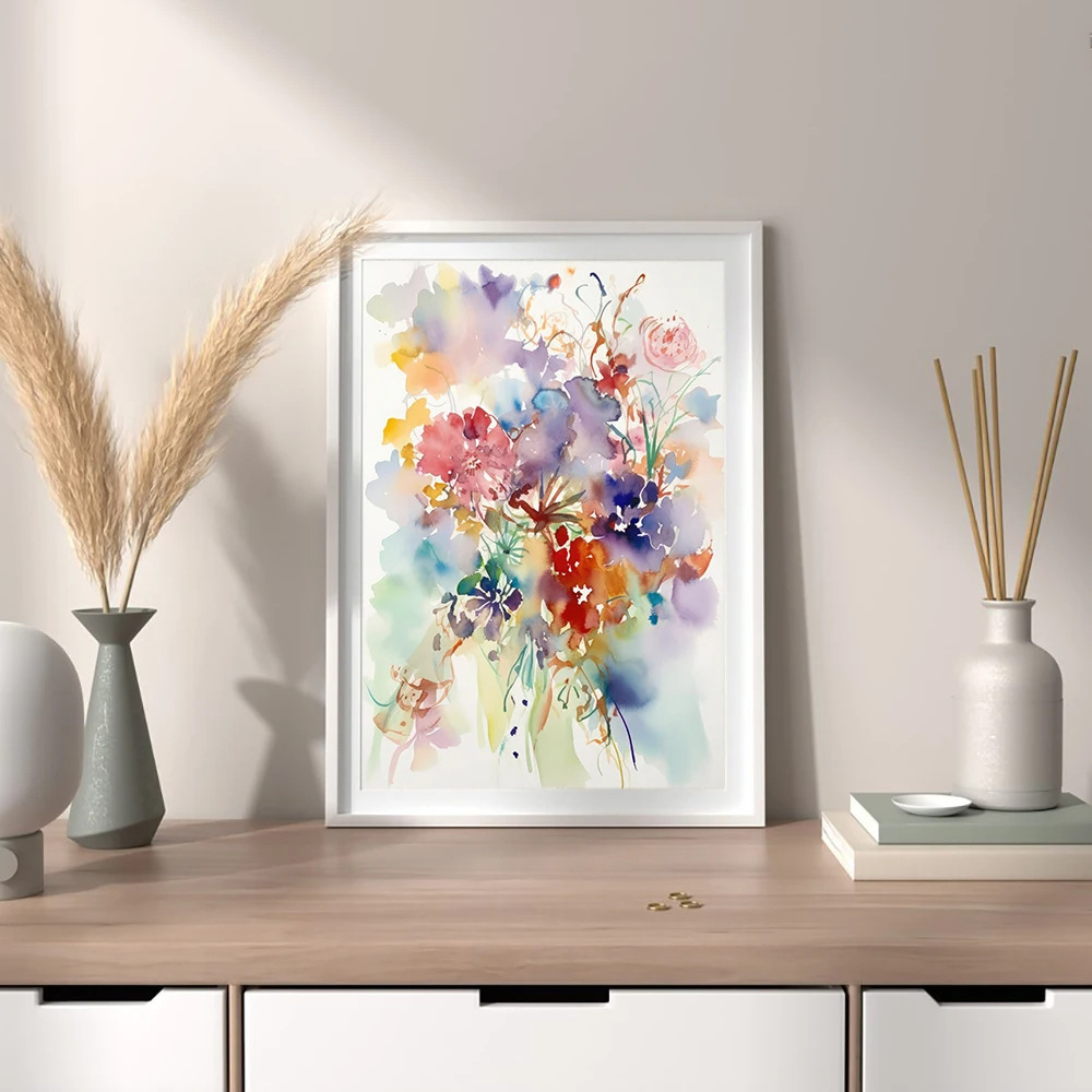 Modern Design Spring Wildflowers Watercolour Abstract Floral Bouquet Canvas Print Wall Art Picture for Office Decor