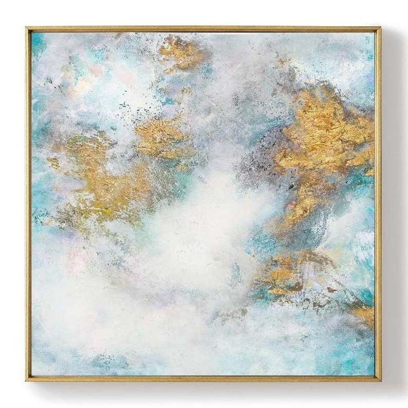 Fast Delivery Large White & Blue Cloud Abstract Gold Art Oil Painting On Canvas for Wall Decoration