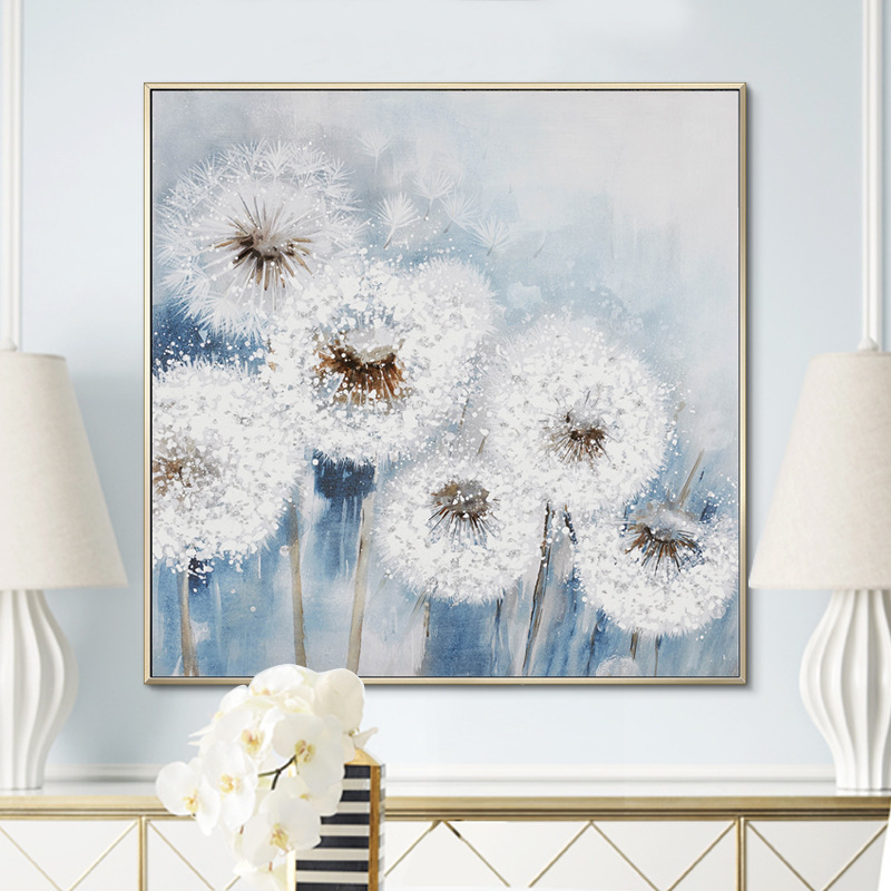 Modern Minimalist Hanging Canvas Wall Art Pure Hand-painted Blue White Dandelion Oil Painting for Sofa Background Decoration