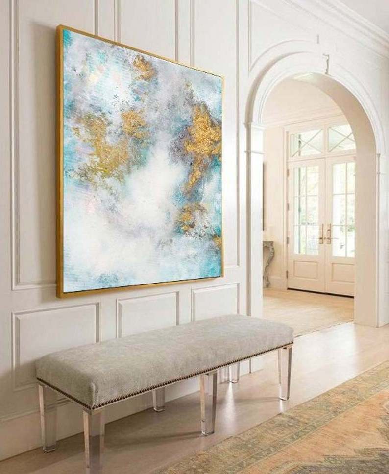 Fast Delivery Large White & Blue Cloud Abstract Gold Art Oil Painting On Canvas for Wall Decoration