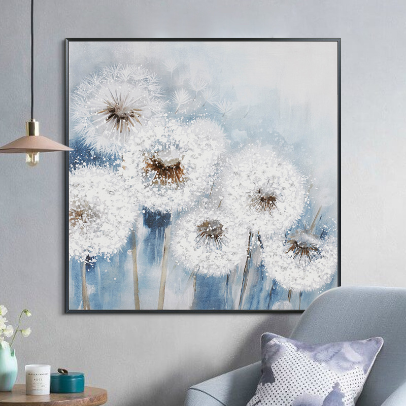 Modern Minimalist Hanging Canvas Wall Art Pure Hand-painted Blue White Dandelion Oil Painting for Sofa Background Decoration