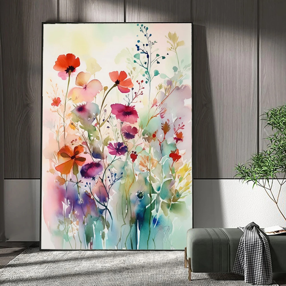 Modern Design Spring Wildflowers Watercolour Abstract Floral Bouquet Canvas Print Wall Art Picture for Office Decor