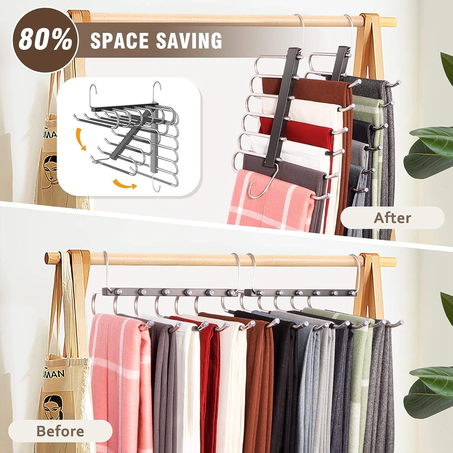 Space Saving 6 Tier Pant Hangers, Anti-Slip, Stainless Steel Clothes Hanger For Closet Storage Organizer