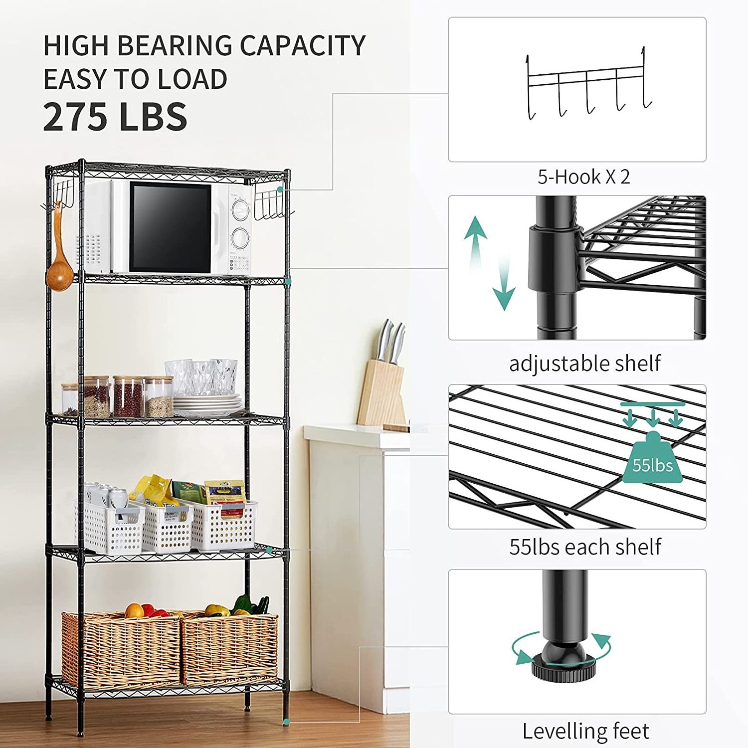 Multipurpose 5 Tier Shelving Storage Unit Heavy Duty Metal Organizer Wire Rack For Kitchen