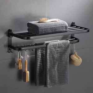 Foldable Bathroom Storage Shelf Wall Mouted Stainless Steel Black Matte Towel Rack With Hook Towel Bar