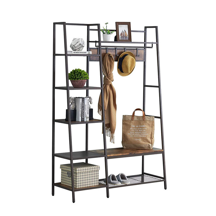 Custom Heavy Duty Space-saving Freestanding Metal Solid Wooden Shoes Coat Rack With Hook, Clothes Hanger Coat Stand