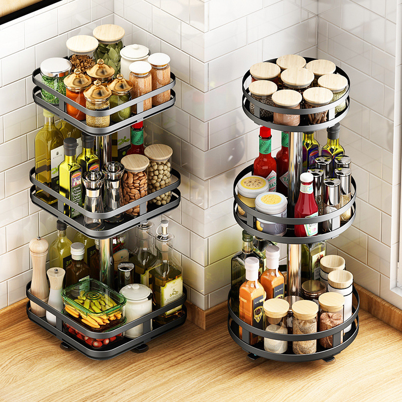 Multifunctional Kitchen Corner Shelf Storage Metal Countertop Round Seasoning Storage Rack