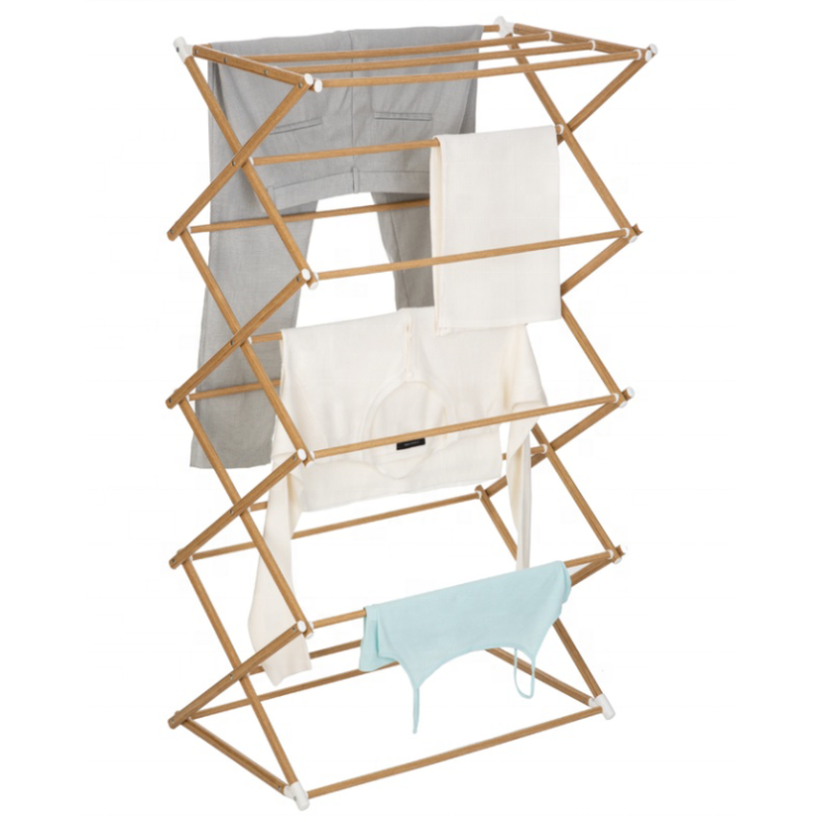 Multifunction 4 Tier Indoor Wooden Cloth Dryer Rack For Towels Clothes , Foldable Cloth Dryer Stand