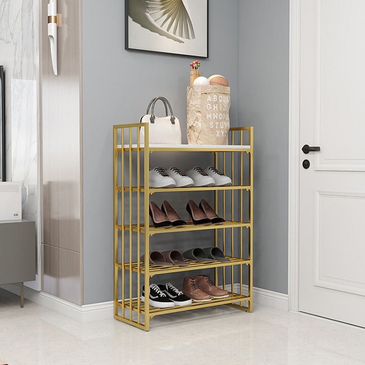 Newest design Simple 5 Layer Tier Modern Organizer Metal Gold Shelf Stand Shoes Rack For Shoes