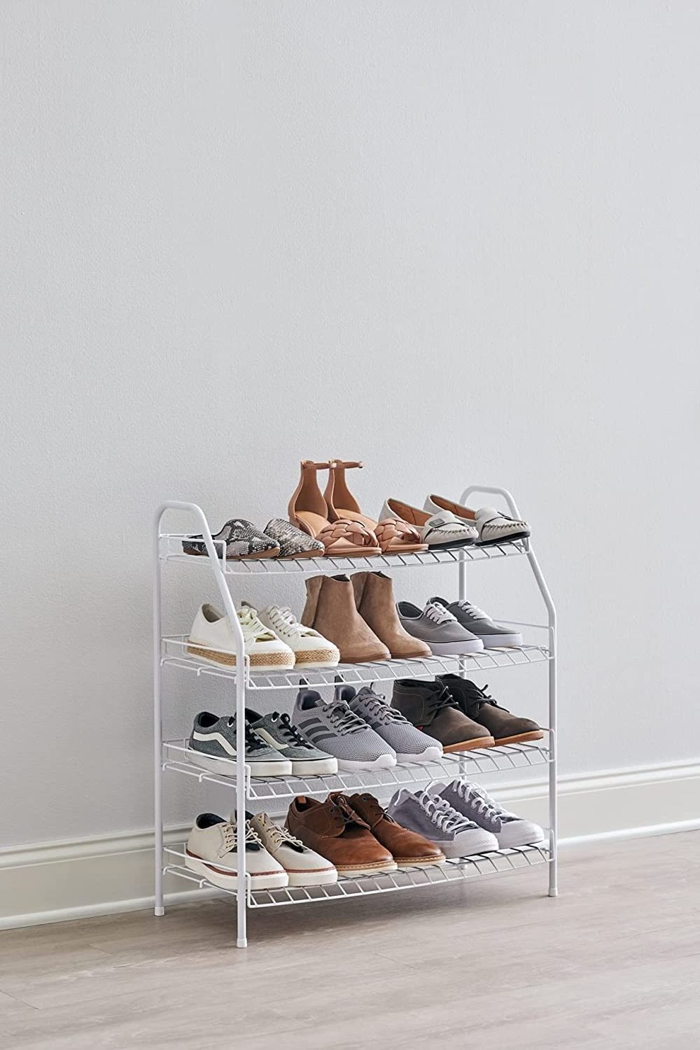 4-tier Stackable Wire Shoe Rack White Simple Assemble Storage Shelf For Organization In Bedroom