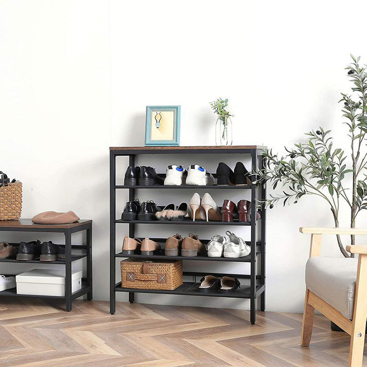 Modern Entry One Piece 4 Tier Storage Metal Iron Shoes Rack, Show Iron Wooden Shoes Shelf