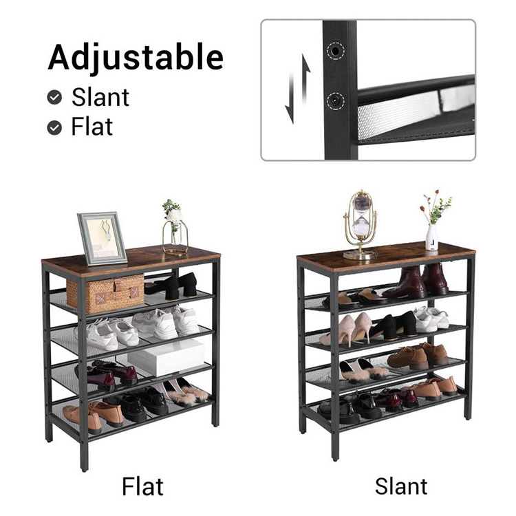 Modern Entry One Piece 4 Tier Storage Metal Iron Shoes Rack, Show Iron Wooden Shoes Shelf