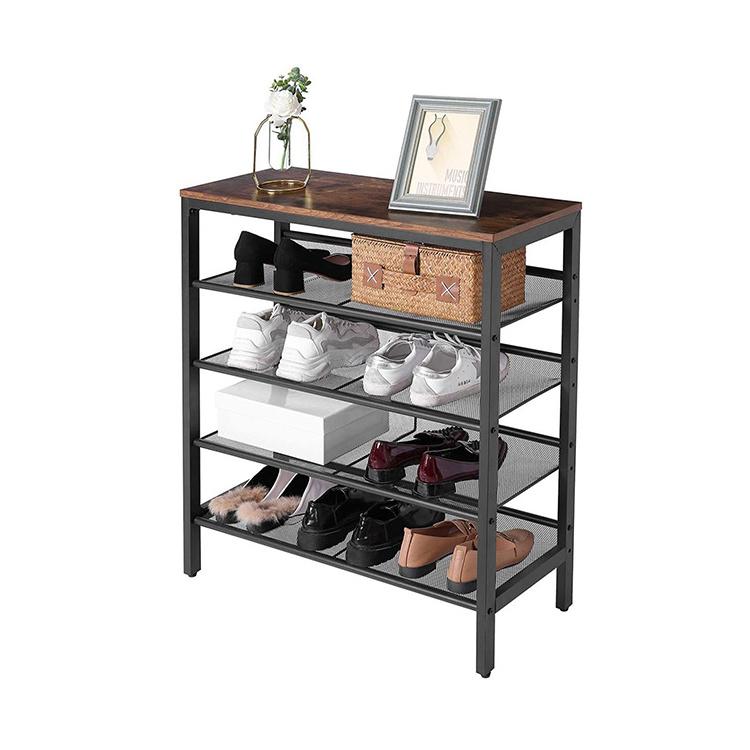 Modern Entry One Piece 4 Tier Storage Metal Iron Shoes Rack, Show Iron Wooden Shoes Shelf