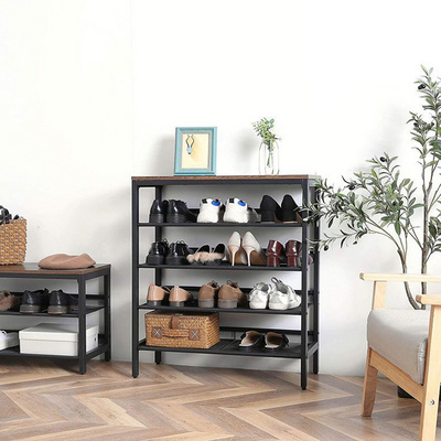 Modern Entry One Piece 4 Tier Storage Metal Iron Shoes Rack, Show Iron Wooden Shoes Shelf