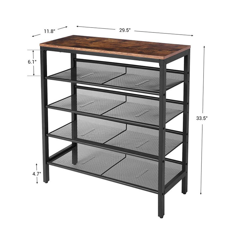 Modern Entry One Piece 4 Tier Storage Metal Iron Shoes Rack, Show Iron Wooden Shoes Shelf