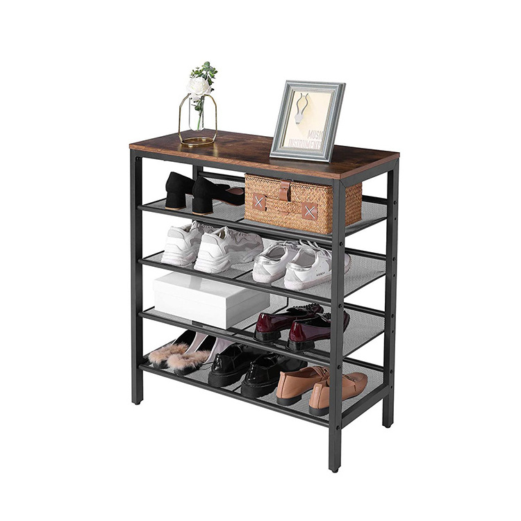 Multifunctional Nordic Tall Black Storage Wooden  Metal Shoes Rack For Living Room, Black Shoes Shelf