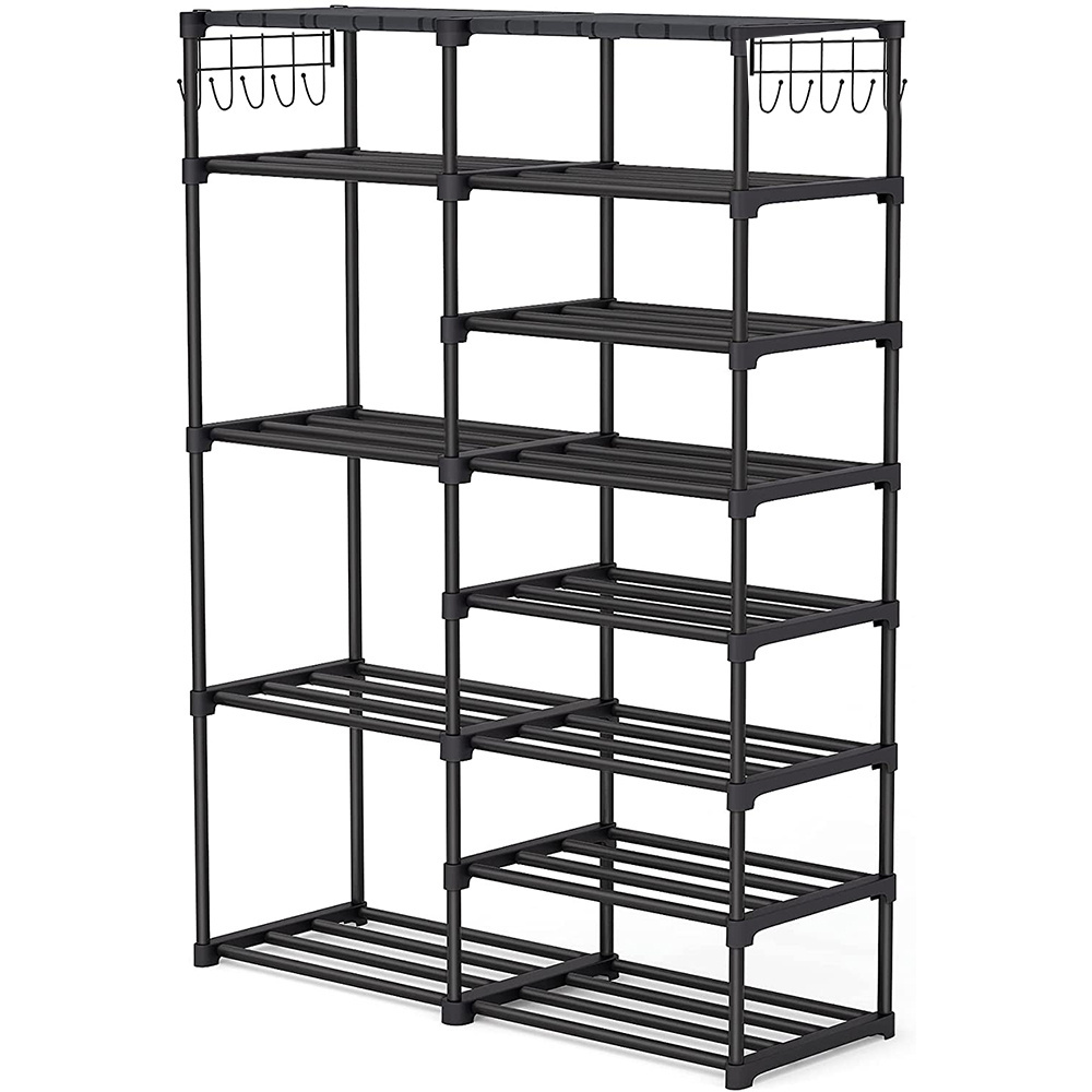 Fabric And Metal Boots Storage Shelf Organizer 7 Tiers Shoe Rack With Side Hooks