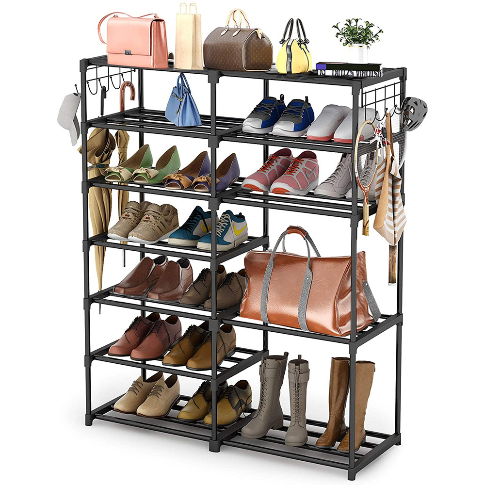 Fabric And Metal Boots Storage Shelf Organizer 7 Tiers Shoe Rack With Side Hooks