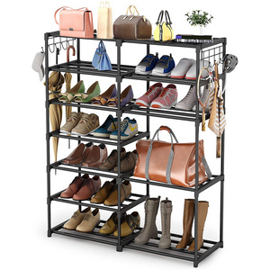 Fabric And Metal Boots Storage Shelf Organizer 7 Tiers Shoe Rack With Side Hooks