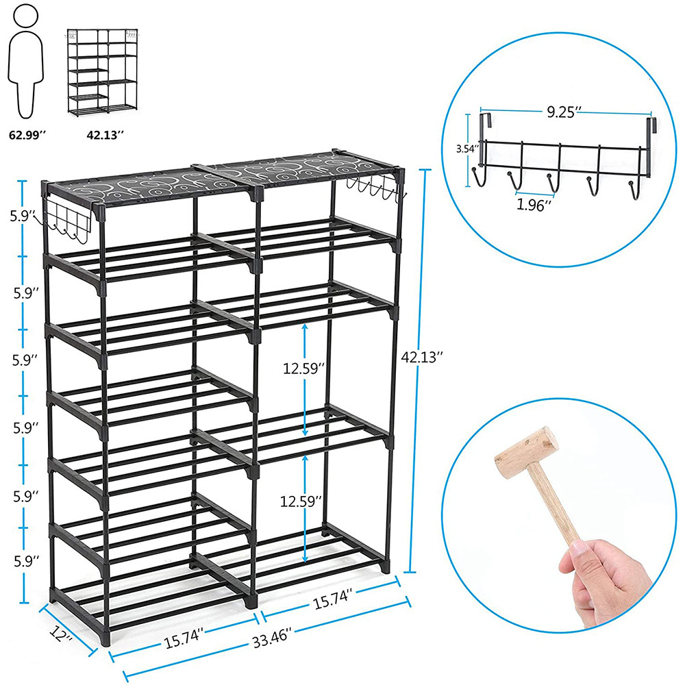 Fabric And Metal Boots Storage Shelf Organizer 7 Tiers Shoe Rack With Side Hooks