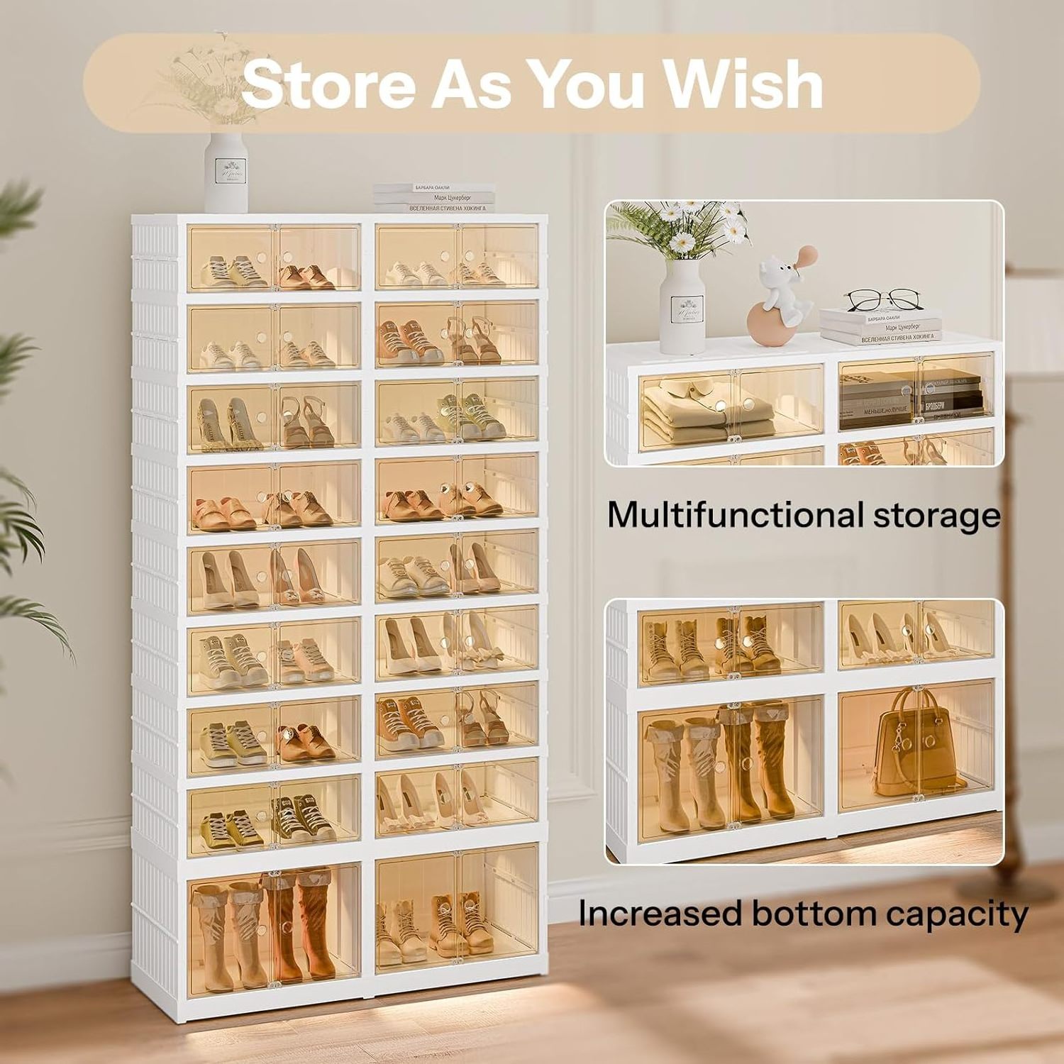 Modern Design Folding Shoes Rack Organizer Collapsible Shoe Storage Cabinet Bins with Magnetic Clear Door for Home Use