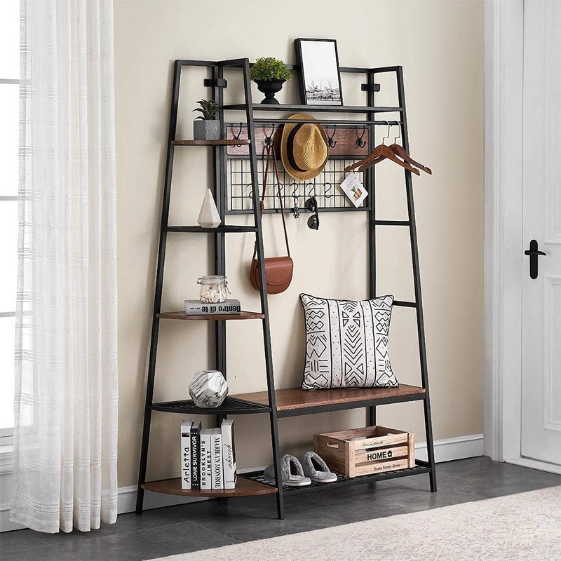 Sturdy Durable Entryway Shelf Industrial Rustic Coat Rack Stand With Storage Bench