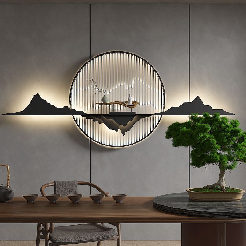 Custom Light Luxury Style Handmade Home Decor Creative Modern Chinese Cloud Moon 3d Metal Art Wall Decor With Gold Round Frame