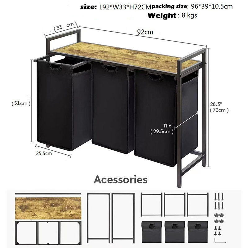 3 Section Pull Out Laundry Clothes Hamper With Large Top Shelf And 3 Removable Bags And Handles Laundry For Laundry Room