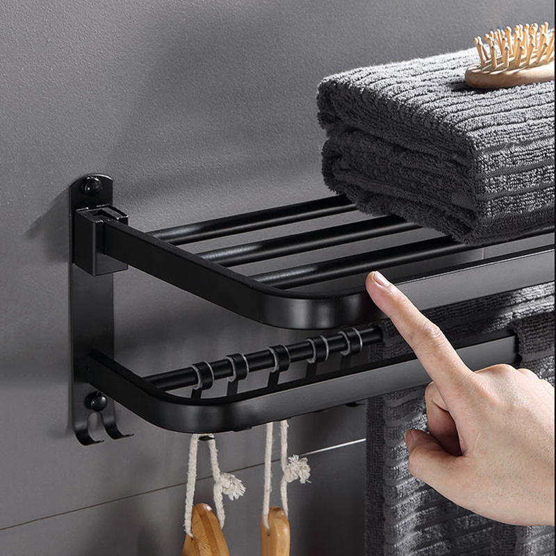 Foldable Bathroom Storage Shelf Wall Mouted Stainless Steel Black Matte Towel Rack With Hook Towel Bar